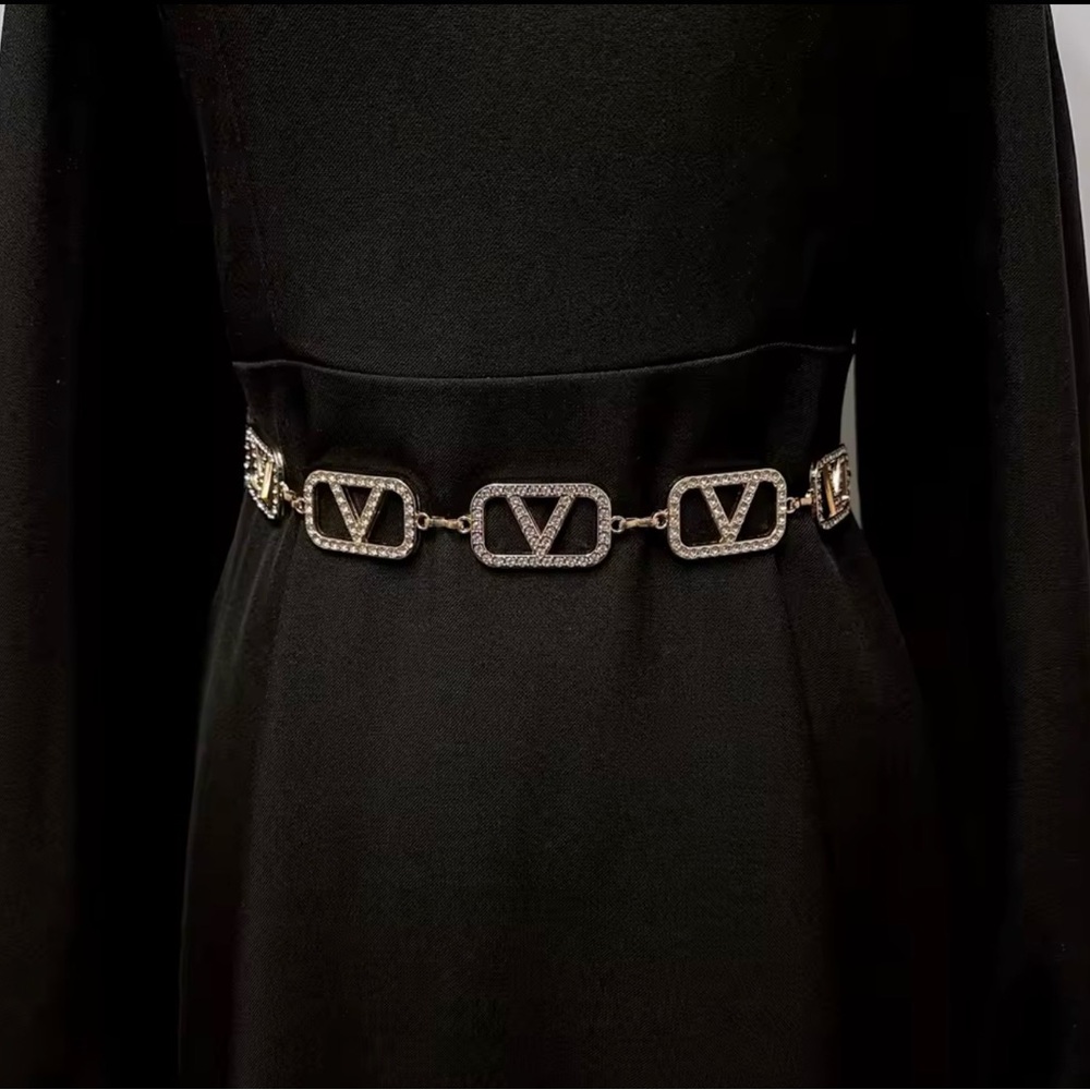 Crystal Rhinestones V-Link Chain Belt - Gold